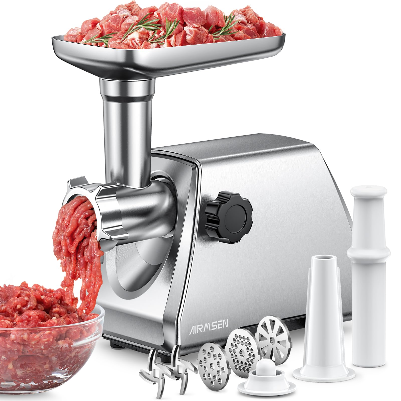 AirMSEN electric meat grinder assembly shows a durable stainless steel design for fast, clean grinding.