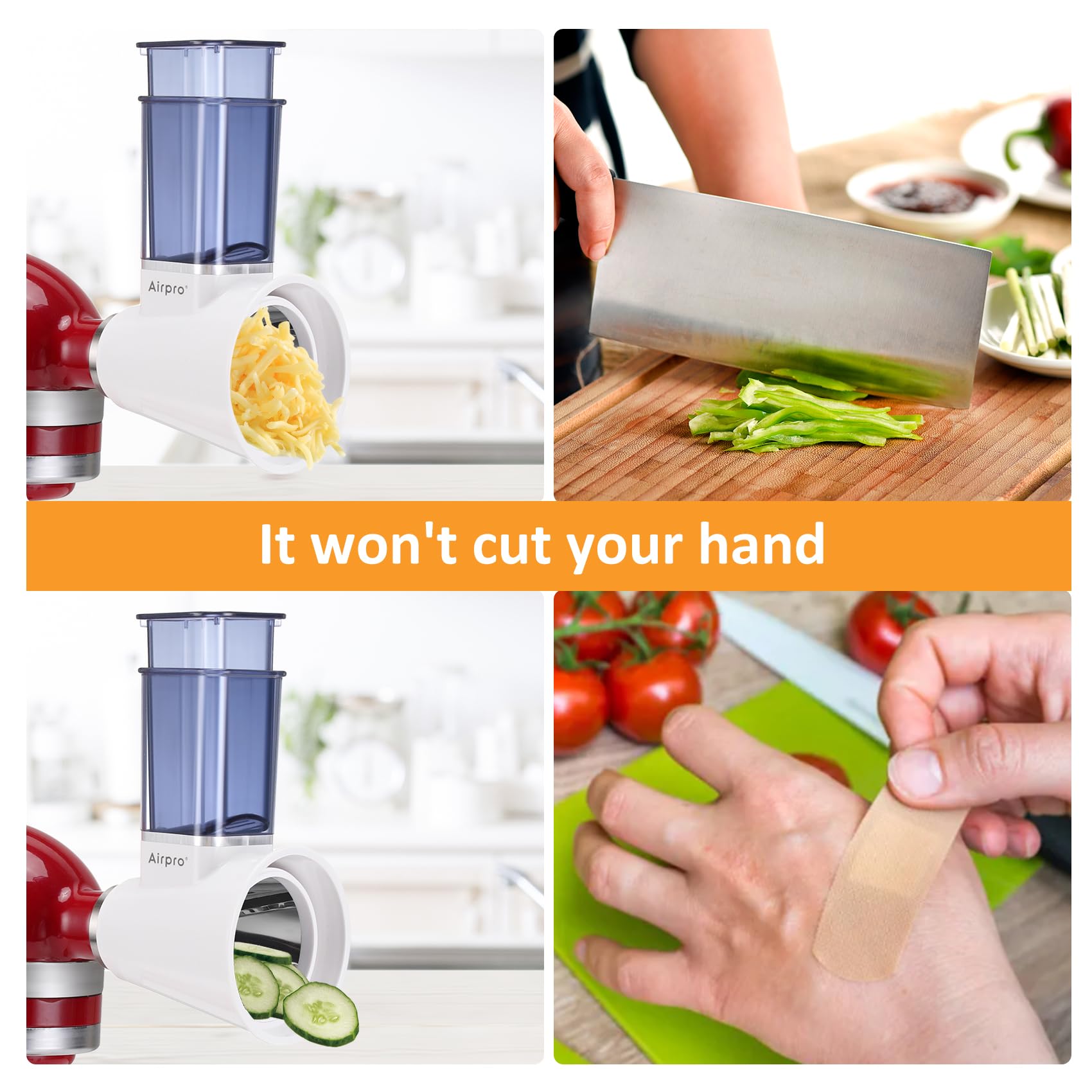 Airpro cheese grater attachment dishwasher-safe for easy cleaning.