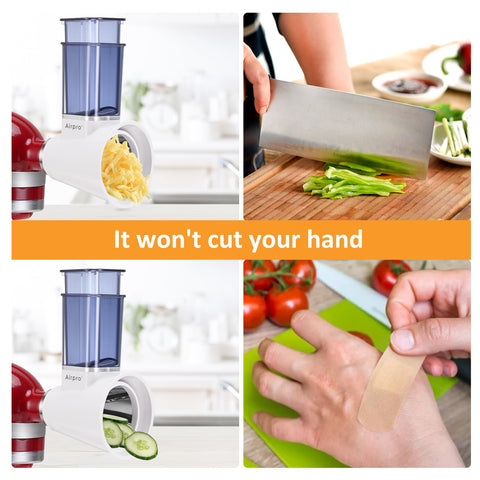 Airpro cheese grater attachment dishwasher-safe for easy cleaning.