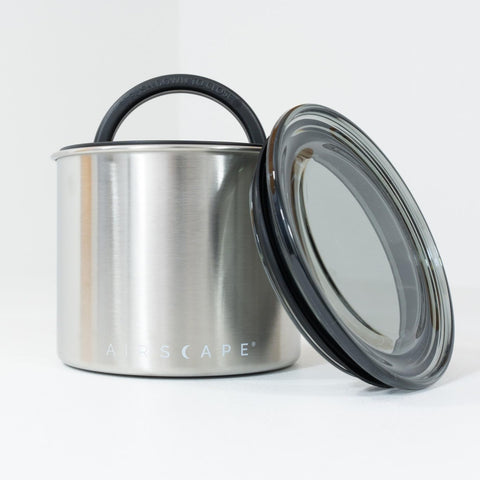 Close-up of AirScape airtight lid in brushed steel showing secure seal.