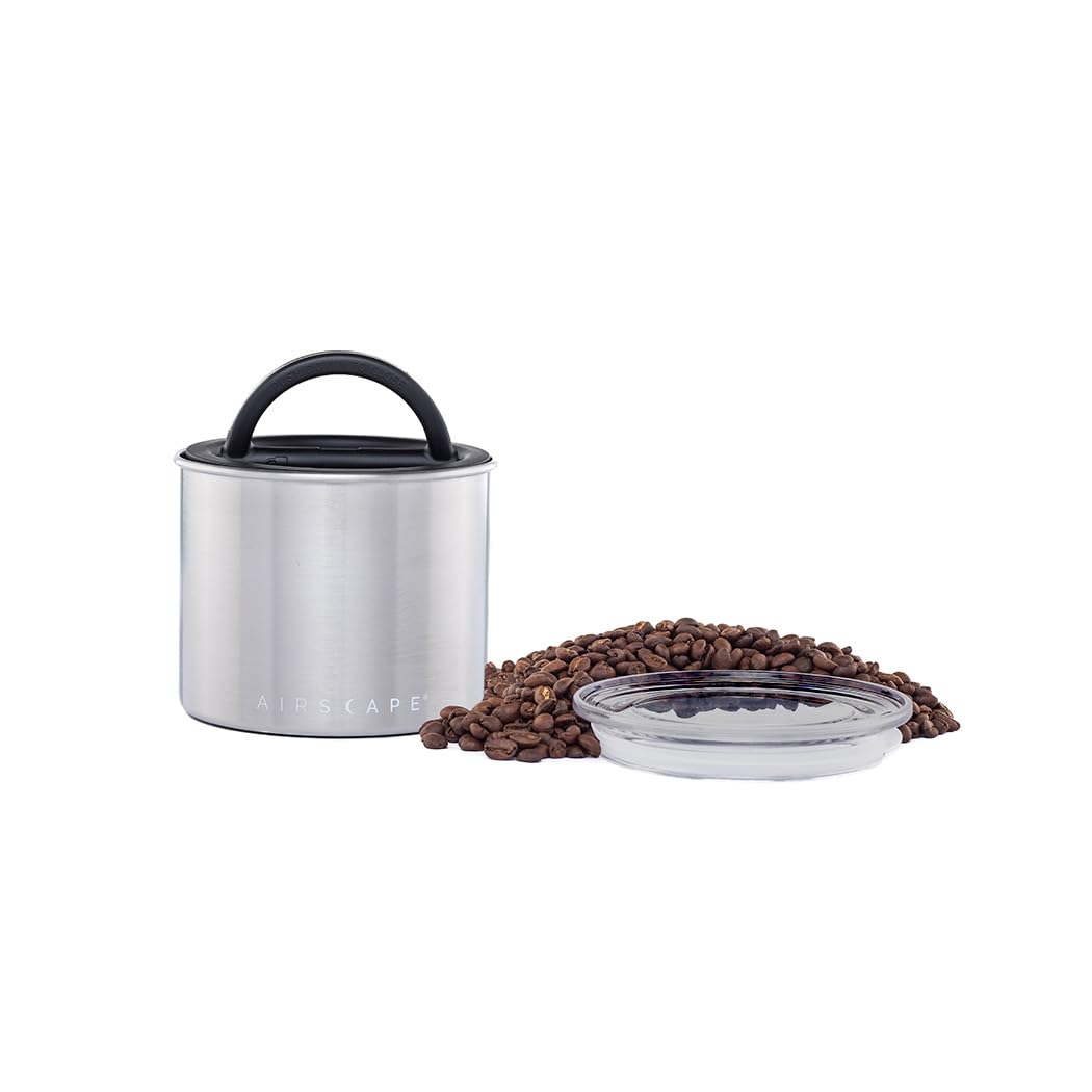 AirScape Planetary Design small coffee canister in brushed steel preserves freshness.