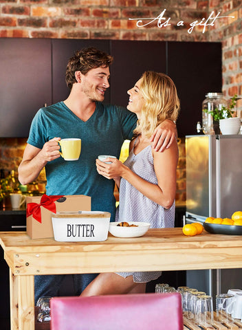 AISBUGUR butter dish in black and white finish adds stylish home gift packaging.