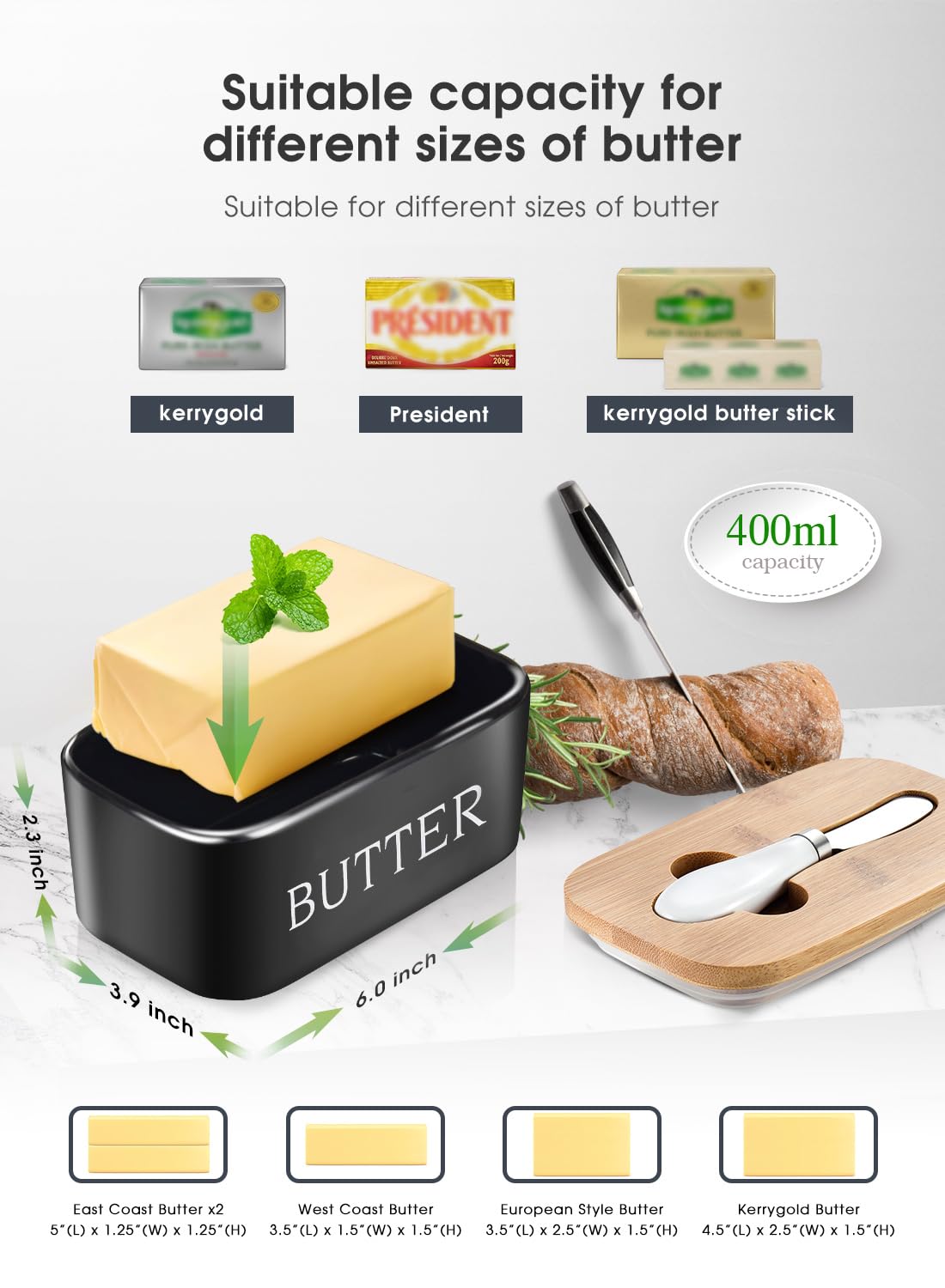 AISBUGUR butter dish with knife-slot lid keeps knife ready