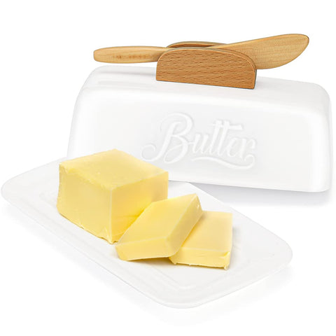 AISBUGUR butter dish with lid and knife showing secure clip for knife
