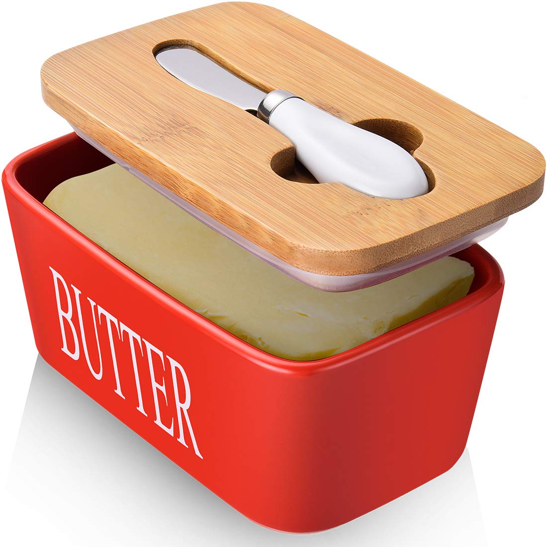 AISBUGUR butter dish with lid in ceramic red, perfect for keeping butter fresh on the counter.