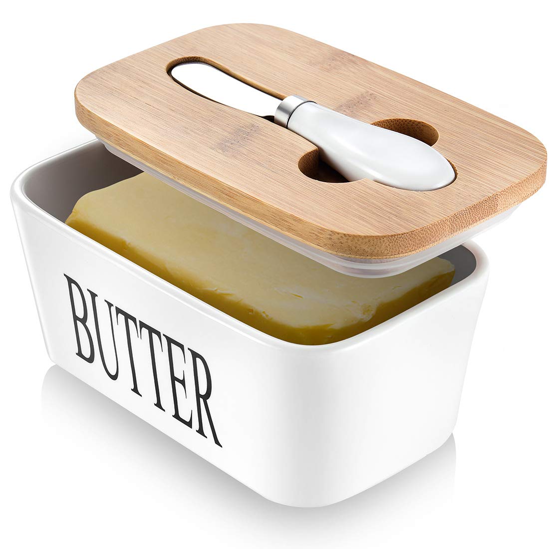AISBUGUR butter dish with lid on countertop showing convenient knife groove for quick serving.