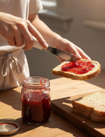 AISBUGUR butter knife with serrated edge for clean butter slices.