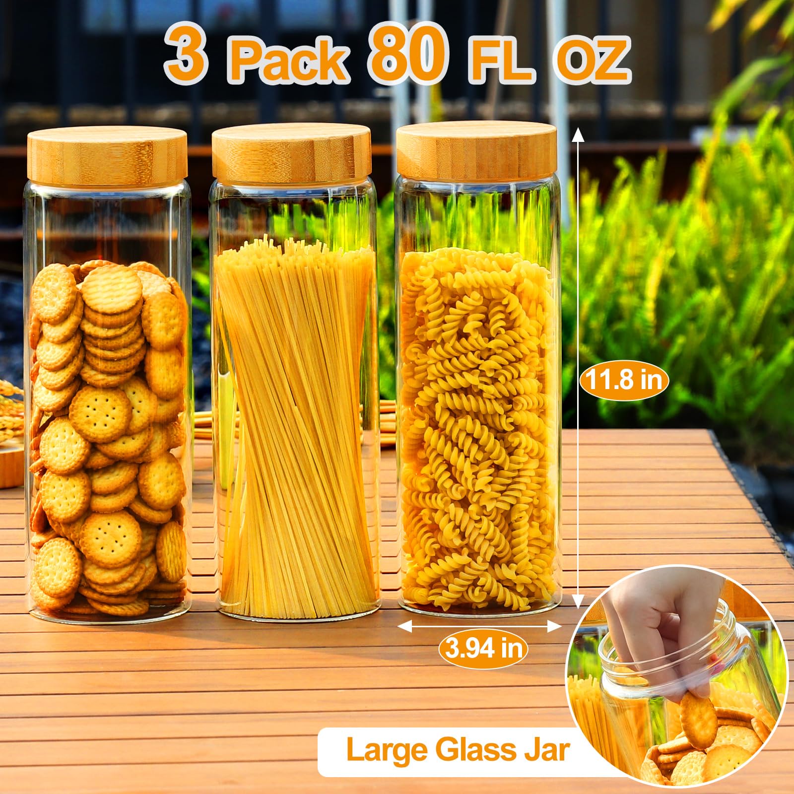 Clear AISIPRIN jars for cereal and pasta storage with visible contents.