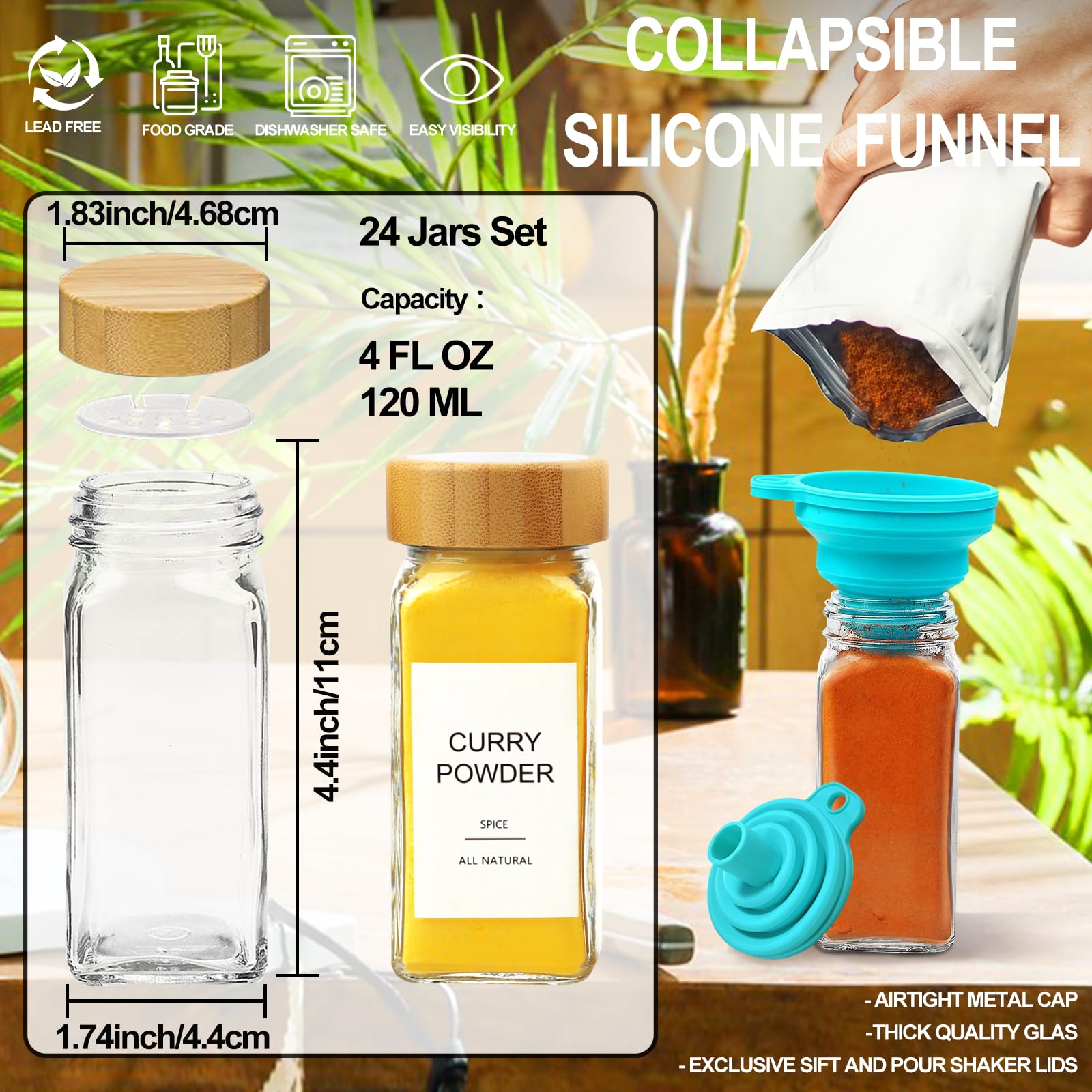 AISIPRIN square spice bottles with shaker lids for even seasoning.