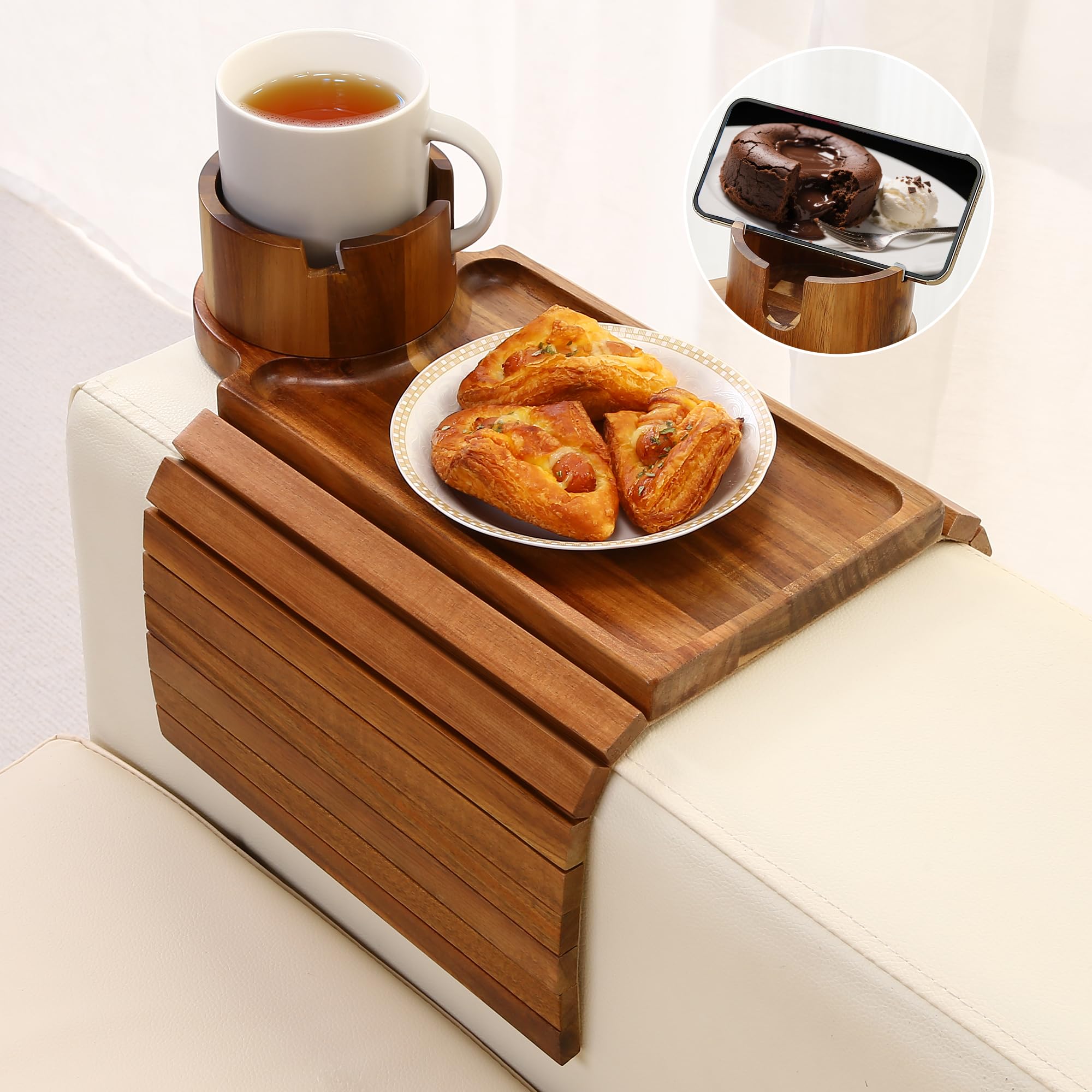 AISONGDONG couch cup holder tray in acacia wood showing natural grain for cozy living spaces