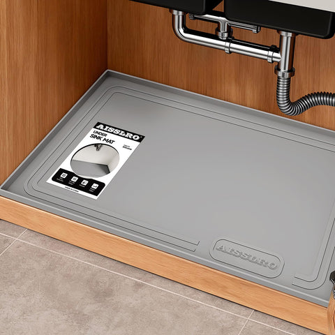 Aisslro under-sink mat waterproof surface protects cabinets from spills and leaks.