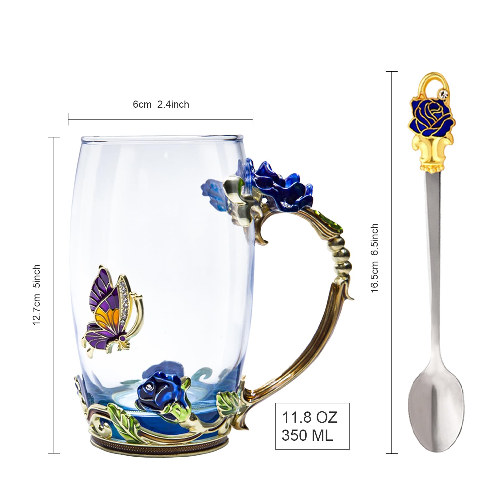 AISVELDY enamel glass mug with blue rose and butterfly design for stylish sipping