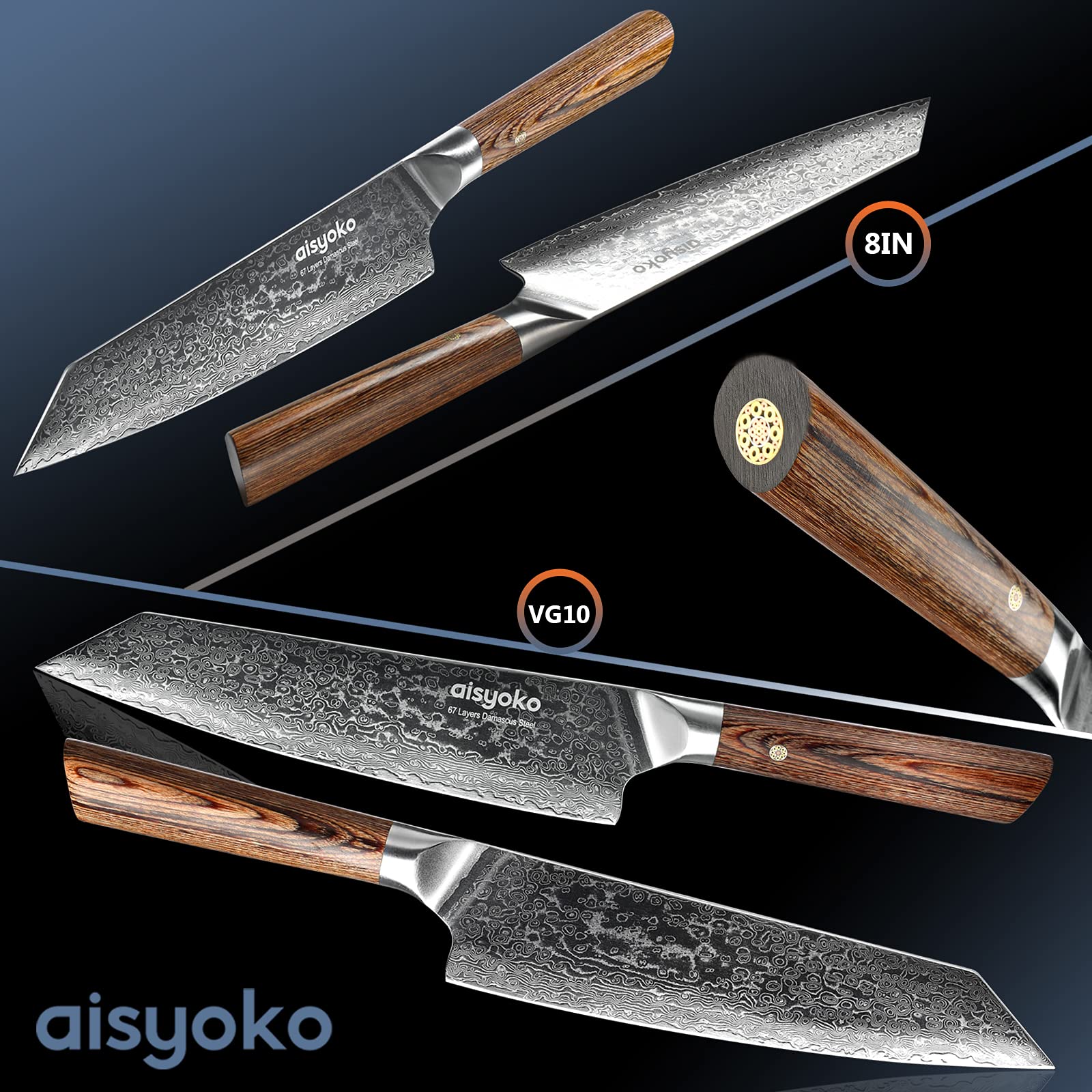 Aisyoko knife slicing vegetables and meat, demonstrating versatile kitchen performance.