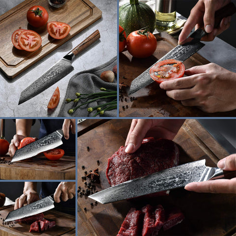 Aisyoko VG-10 Damascus steel core, showcasing premium durability for everyday kitchen tasks.