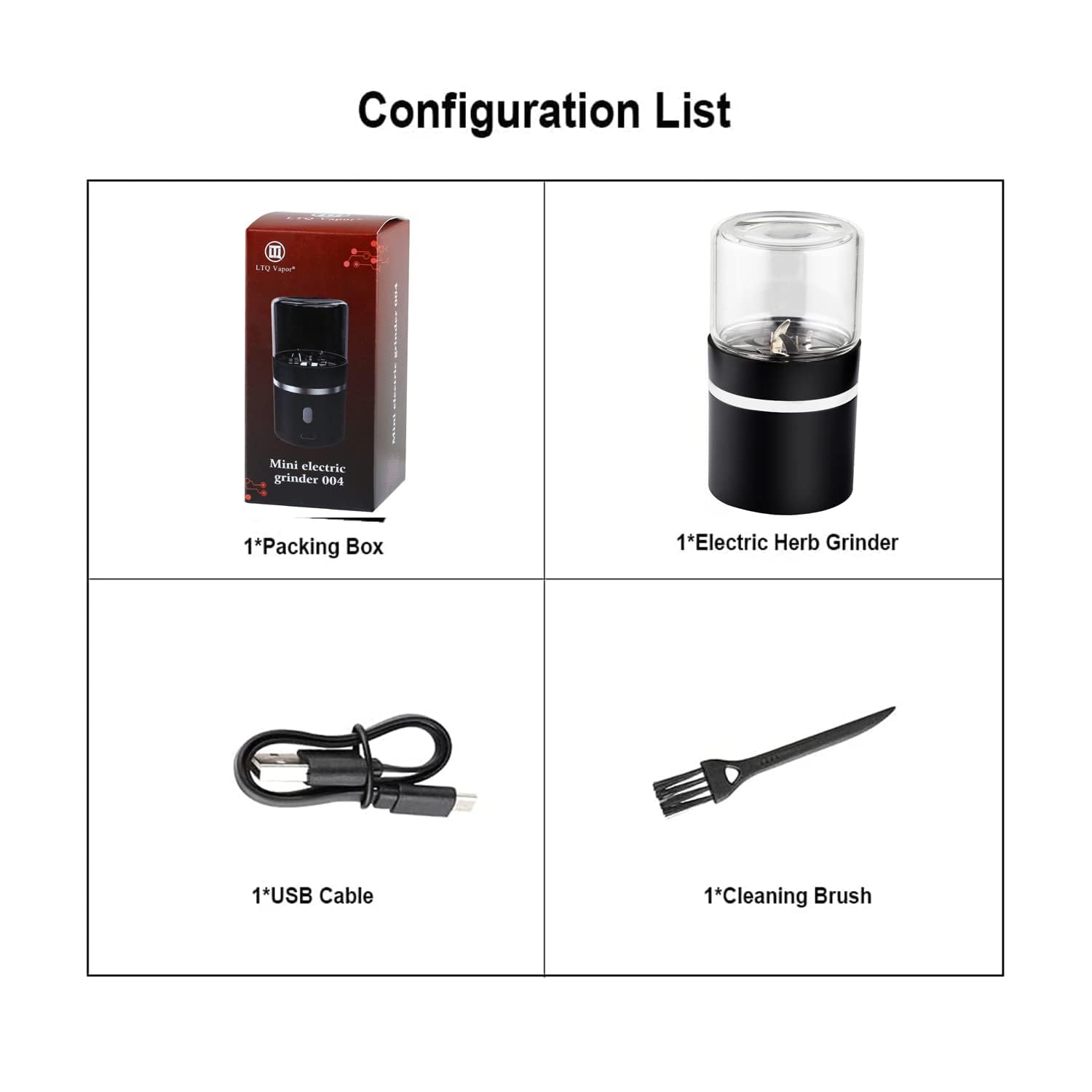 AiTURE packaging includes grinder, jar, USB cable, and brush.