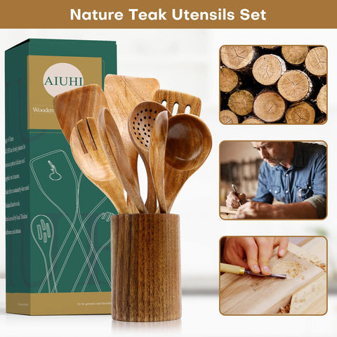 AIUHI teak slotted spatula drains liquids while cooking without sticking