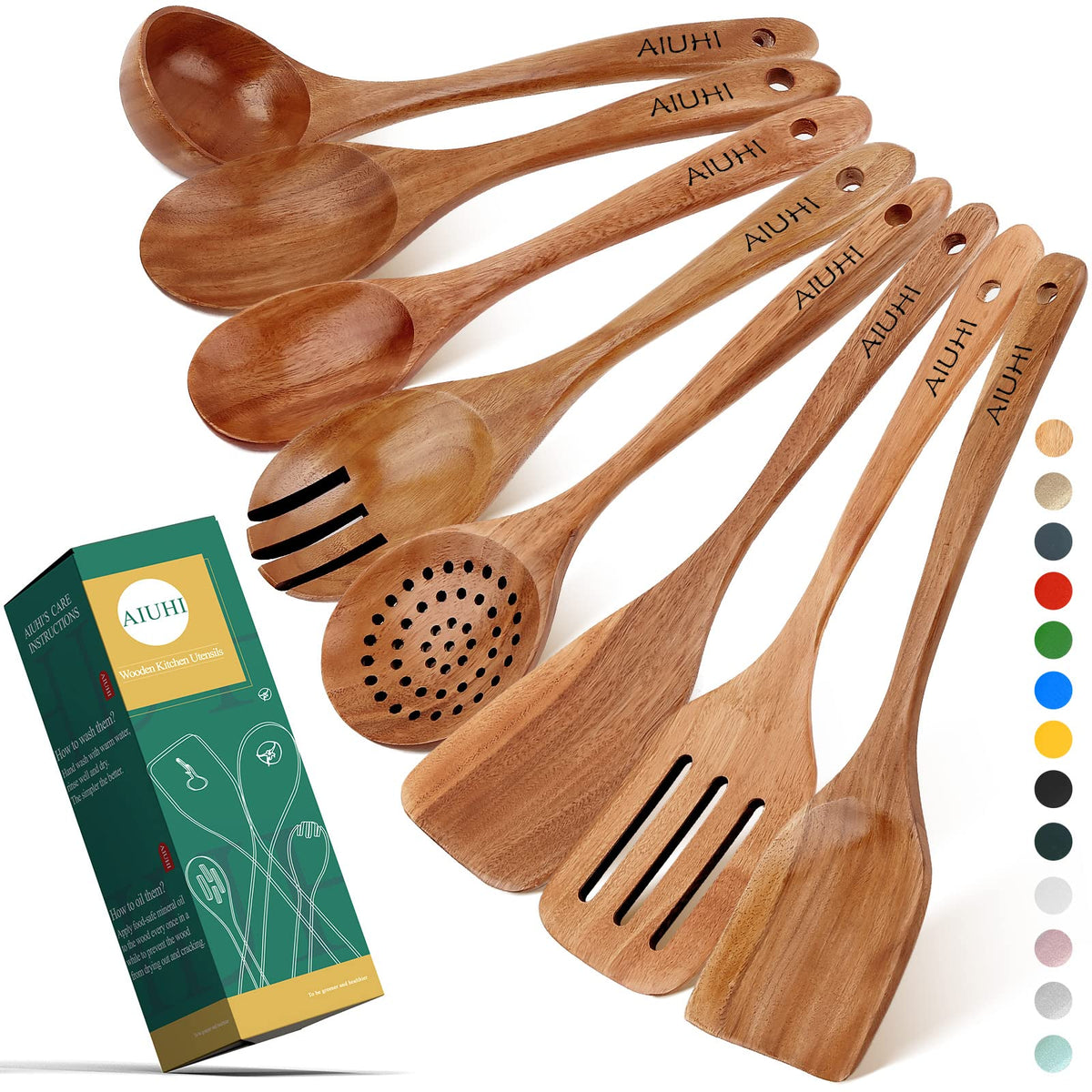 AIUHI teak wood spoon set for durable kitchen use and nonstick cookware protection.