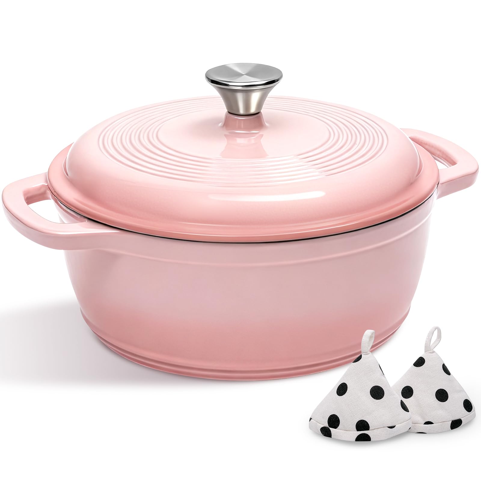 AIVIKI 5QT pink enamel cast iron Dutch oven with lid for even heat and moisture retention