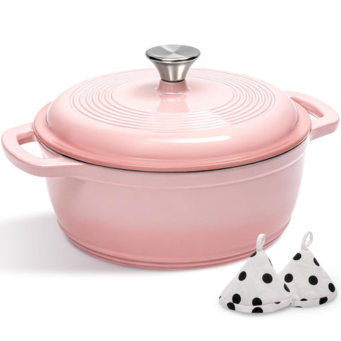 AIVIKI 5QT pink enamel cast iron Dutch oven with lid for even heat and moisture retention