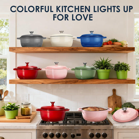 AIVIKI Dutch Oven on a dining table with blue finish adds style and practicality.