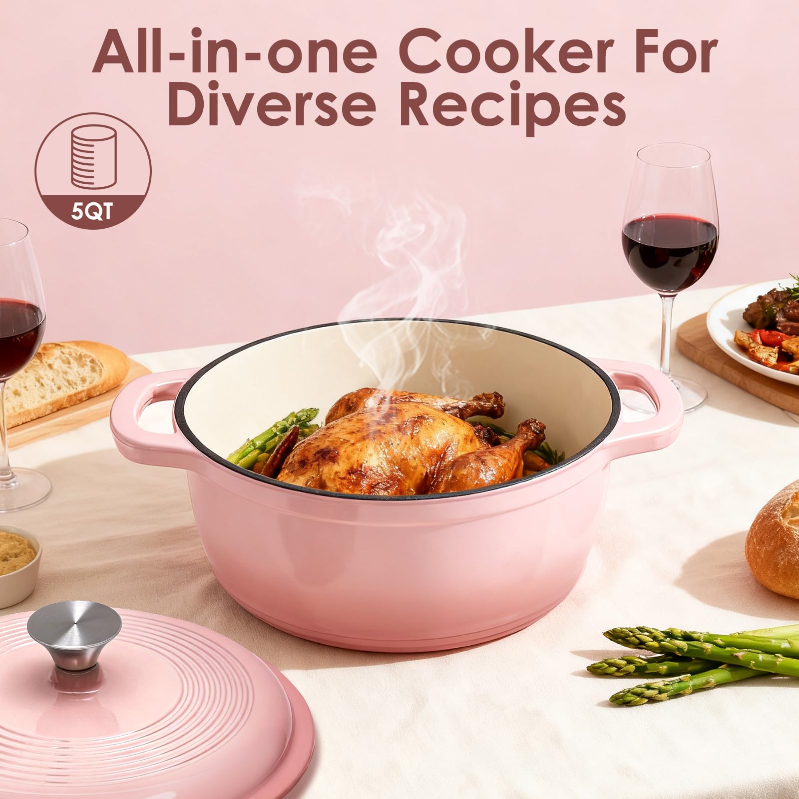 AIVIKI cast iron Dutch oven on a stovetop ready for simmering