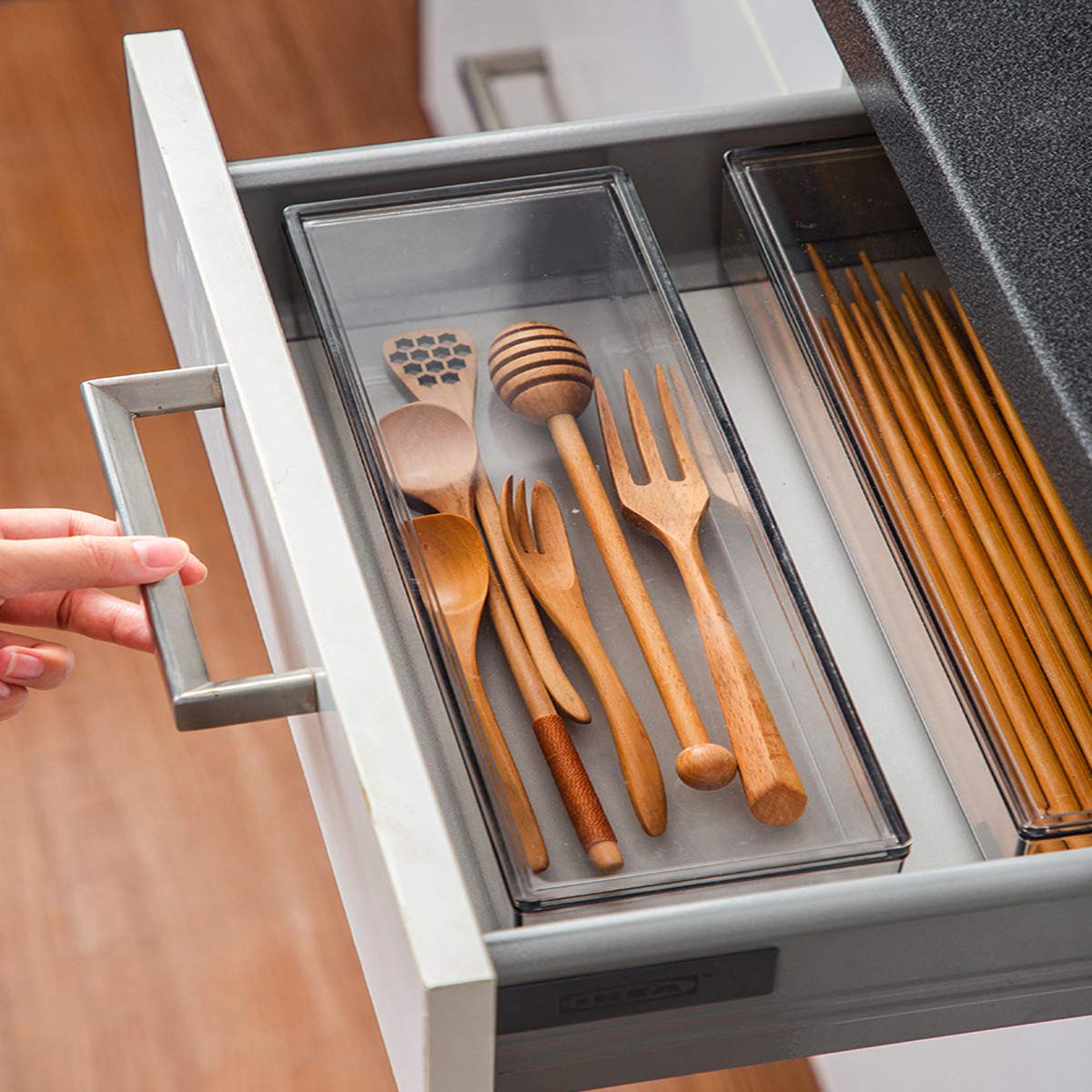 AIYoo clear flatware drawer organizer for quick spoon, fork, and knife access.