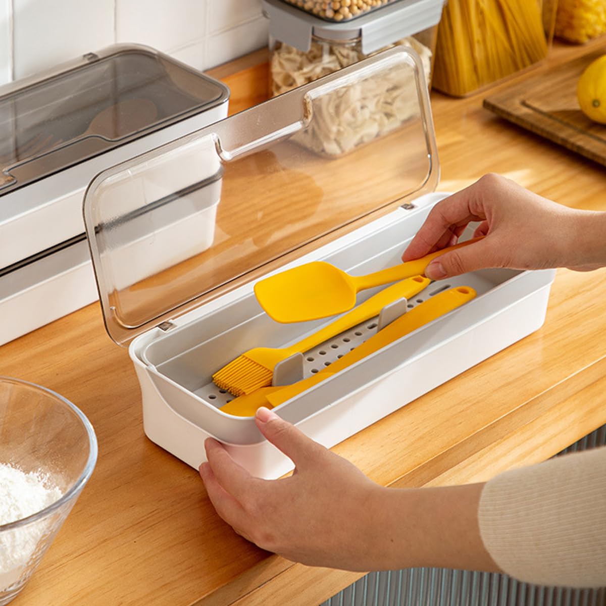 AIYoo silverware tray with clear lid for easy access and organization