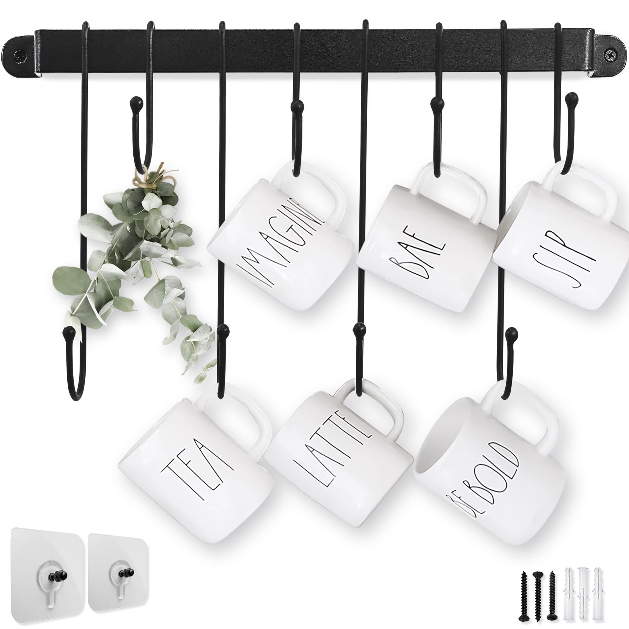 AJART Coffee Mug Holder on wall holds up to 8 cups for easy access.
