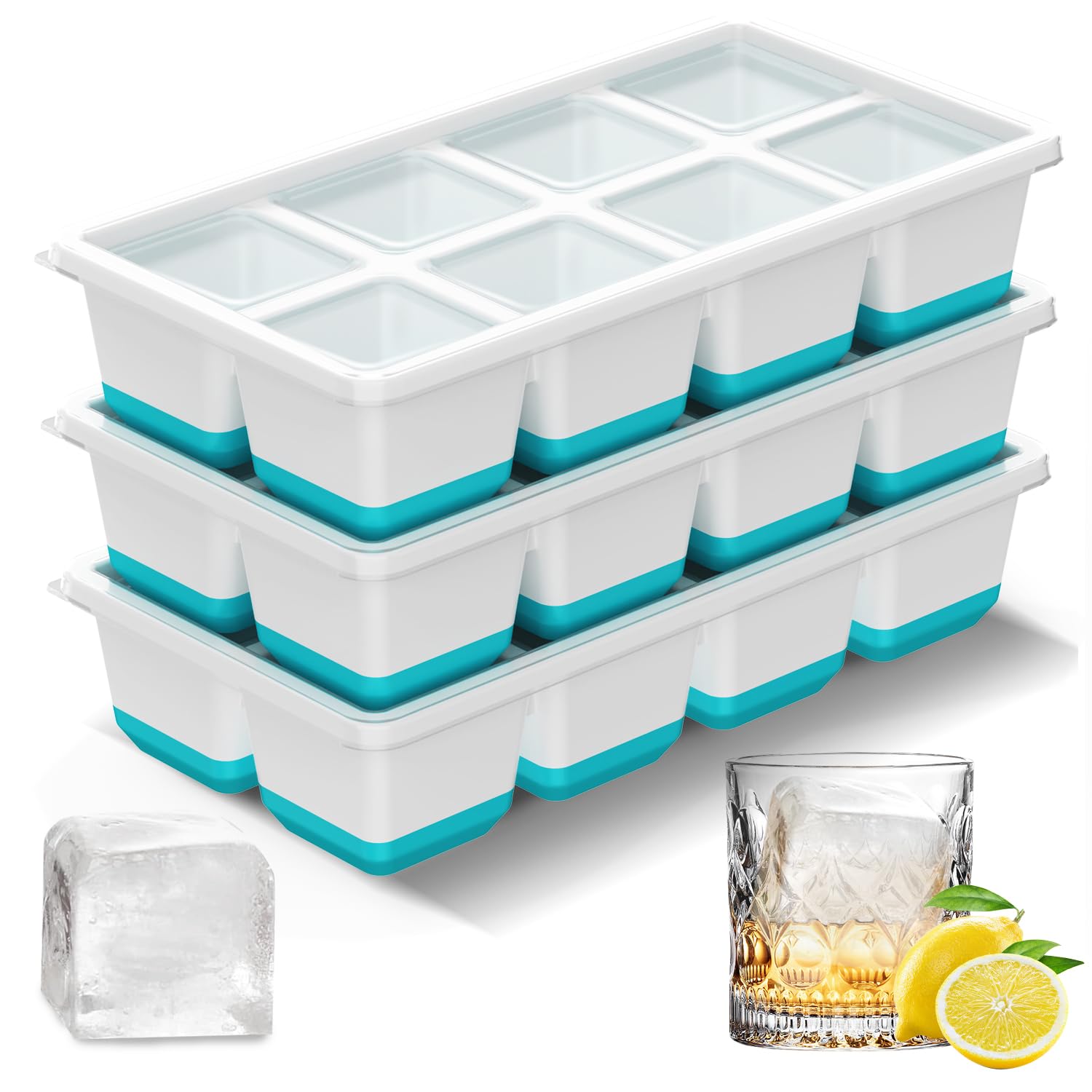 AJIJING ice tray 3-pack in blue for large cubes, ideal for cocktails.