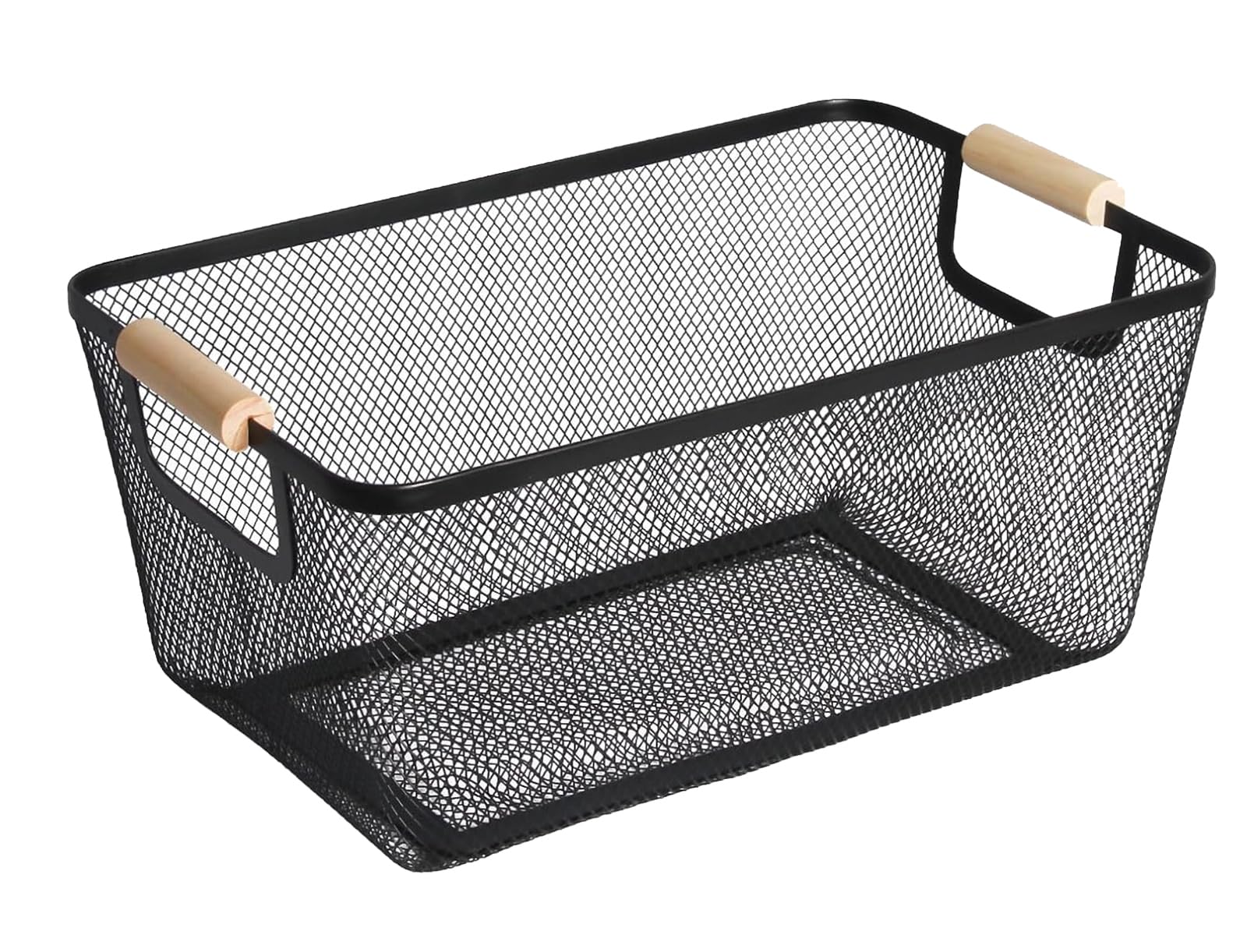 AJIODA metal mesh basket rectangle black close-up shows sturdy wood handle for organization
