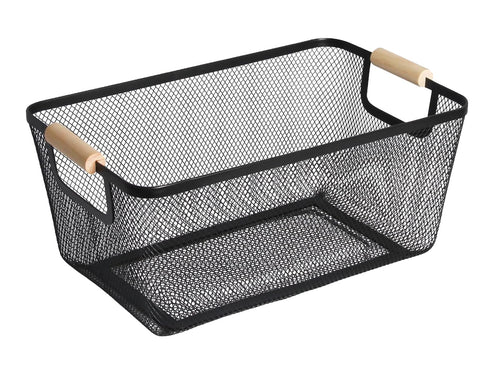 AJIODA metal mesh basket rectangle black close-up shows sturdy wood handle for organization