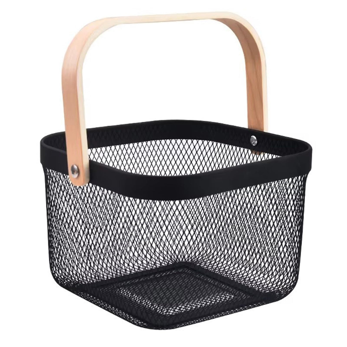 AJIODA metal mesh basket with wooden handle for compact kitchen storage, front view