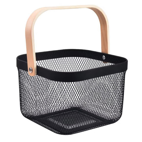 AJIODA metal mesh basket with wooden handle for compact kitchen storage, front view