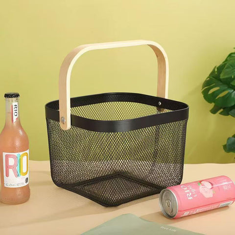 AJIODA metal mesh basket with wooden handle, side view shows sturdy build