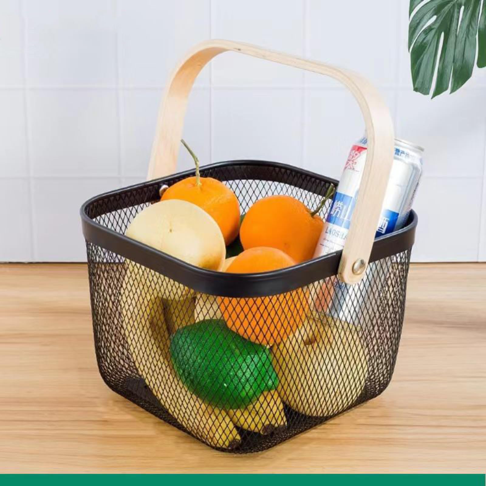 AJIODA wooden-handle basket holding fresh fruits on a counter