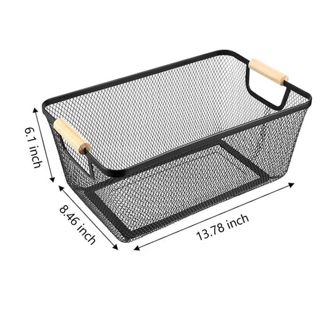 AJIODA wire storage basket with wood handle demonstrates large capacity for kitchen or pantry