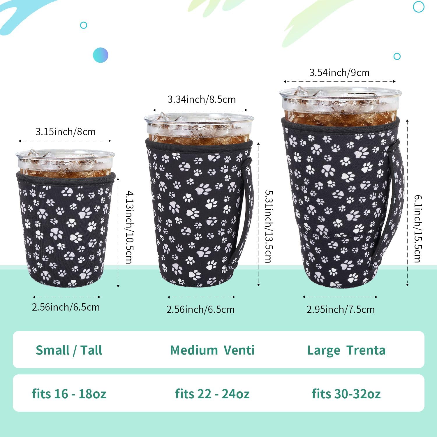 AJLTPA iced coffee sleeve medium black paw with handle — easy grip for 22-24 oz cups
