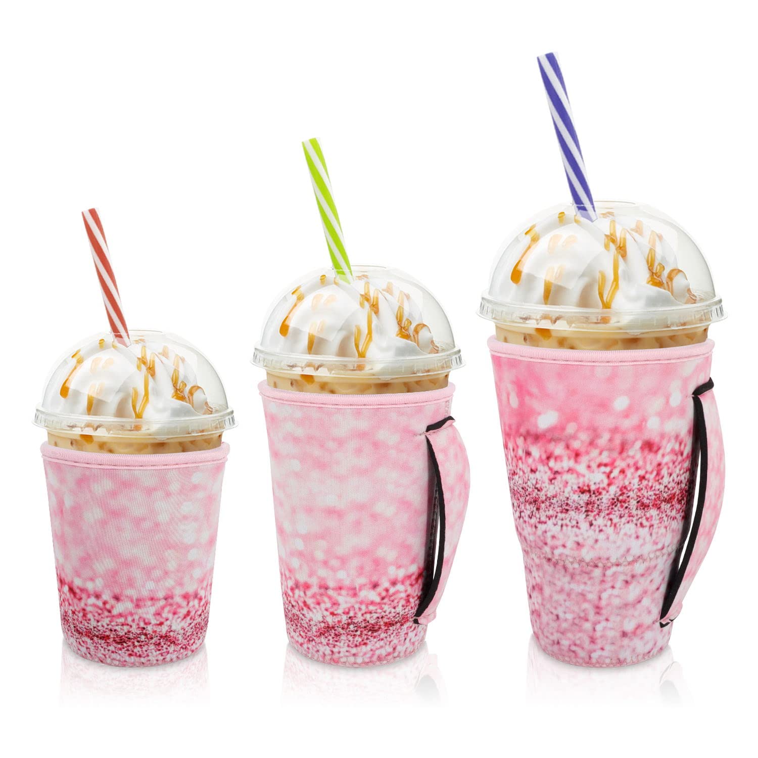 AJLTPA iced coffee sleeve pink glitter close-up highlighting stylish insulation for cold beverages