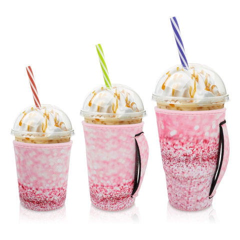 AJLTPA iced coffee sleeve pink glitter close-up highlighting stylish insulation for cold beverages
