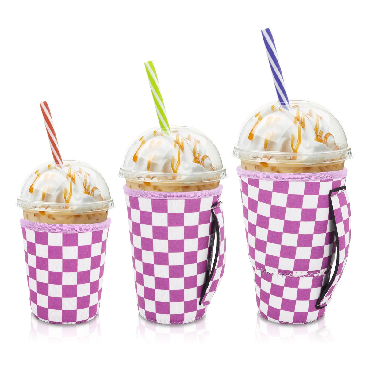AJLTPA iced coffee sleeve in purple checkerboard protects wrists from cold and moisture.