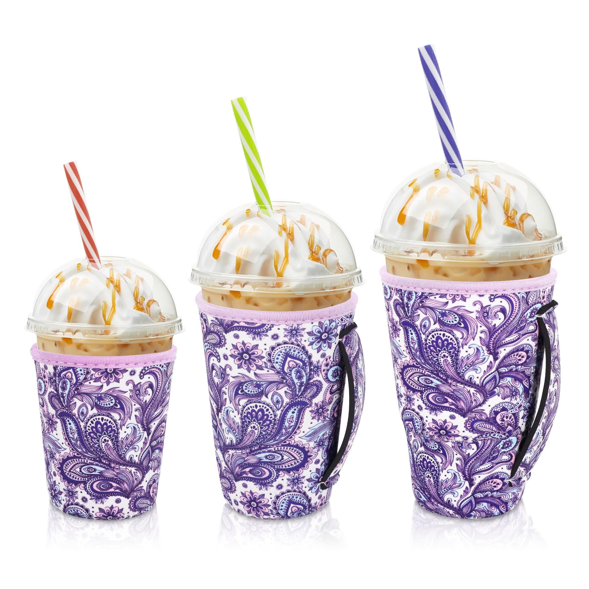 AJLTPA iced coffee sleeve in purple paisley keeps drinks cool and hands dry