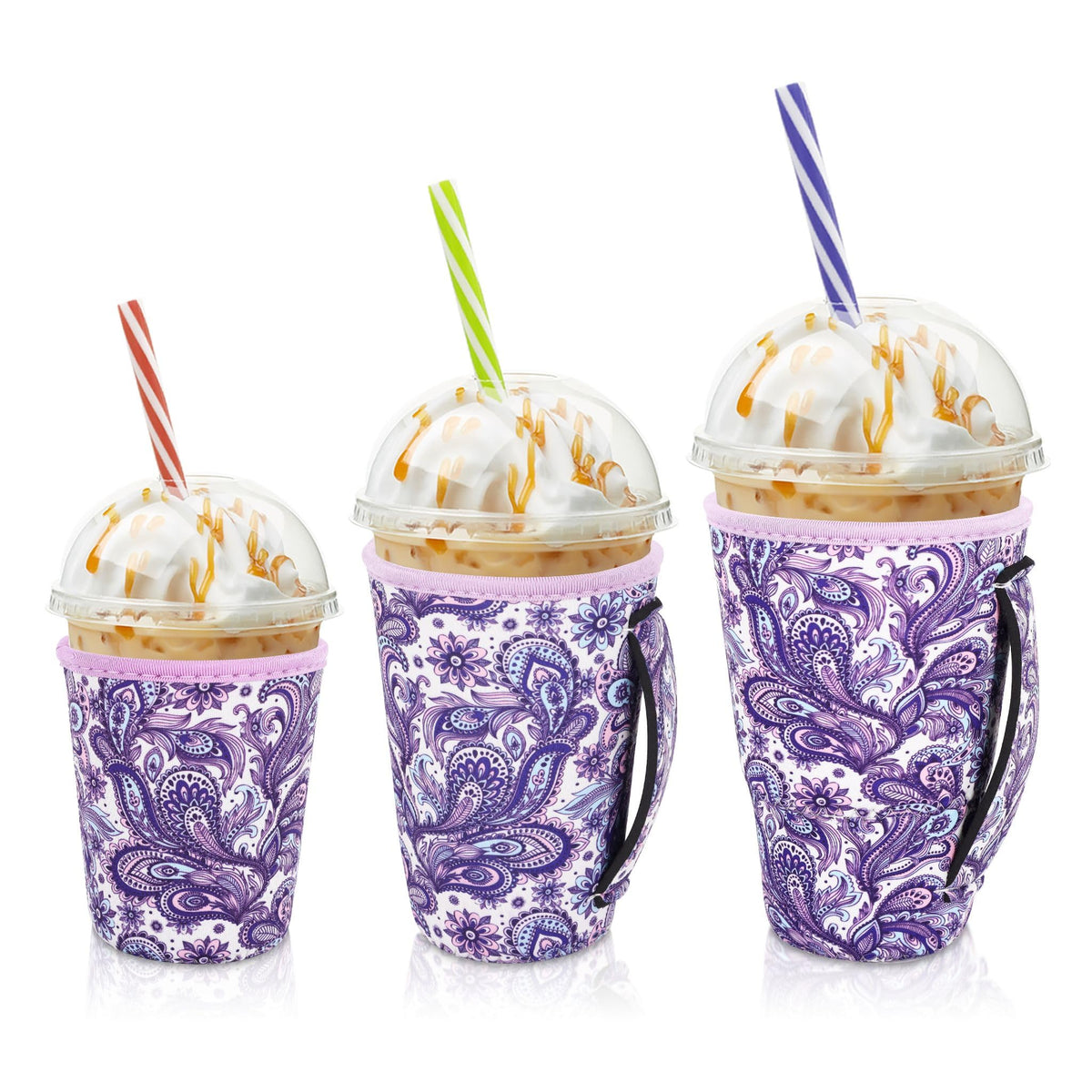 AJLTPA iced coffee sleeve in purple paisley keeps drinks cool and hands dry