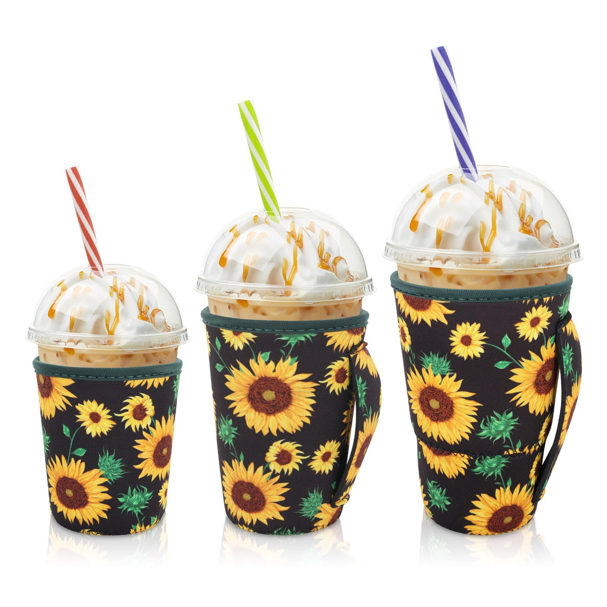 AJLTPA iced coffee sleeve small fits 16-18 oz and reduces condensation on hands.