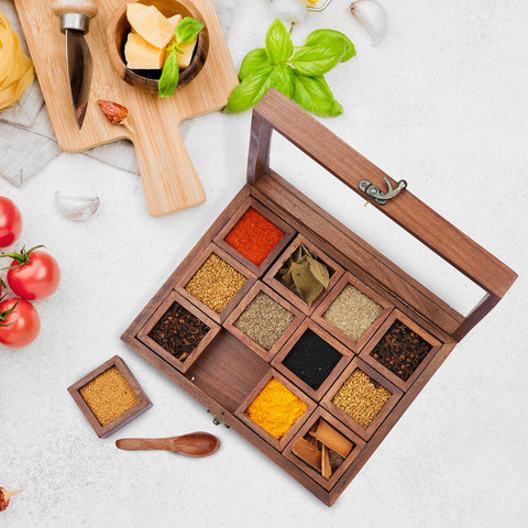Ajuny compact spice box measures 10 by 7.75 by 2.5 inches on countertops.
