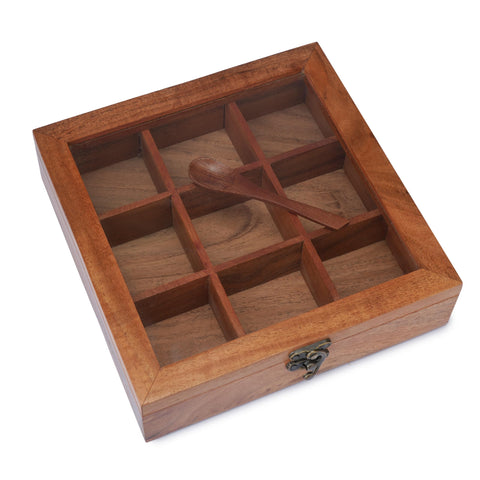 Ajuny spice box includes wooden spoon for easy measuring and scooping