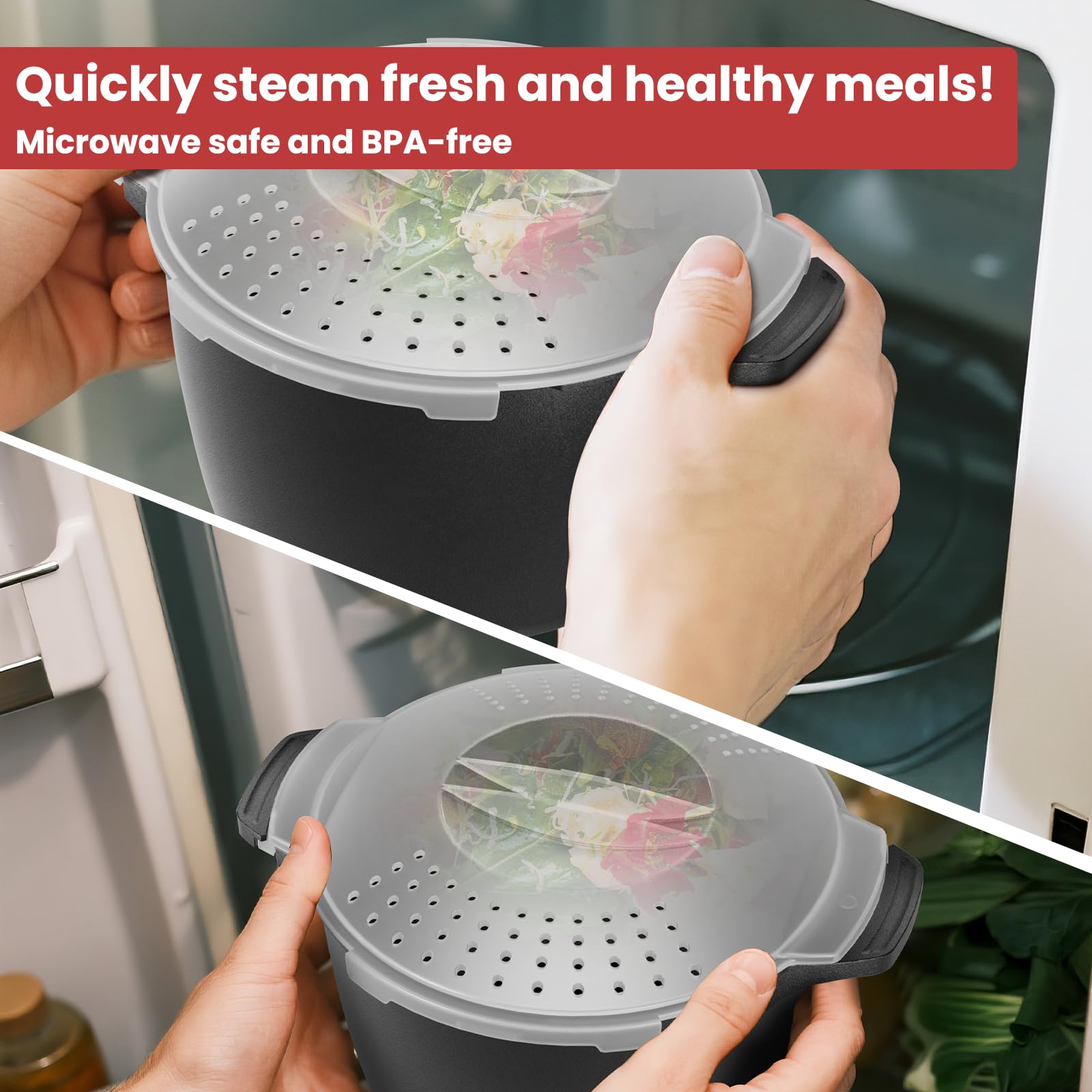 AJXX microwave steamer locking lid closeup shows spill-free cooking