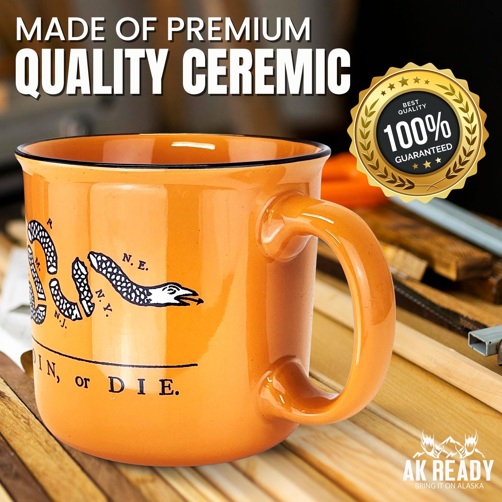 AK Ready Gadsden flag mug with heritage design for everyday coffee.