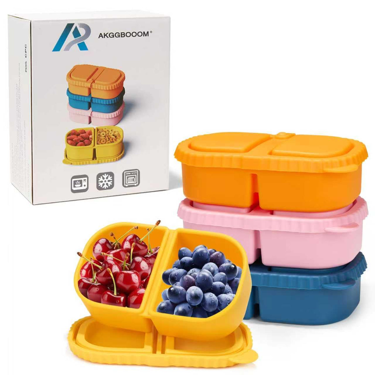 AKGGBOOOM 4-pack snack containers with two compartments for balanced lunches.