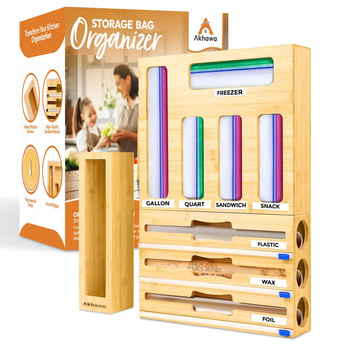 Akhawa storage bag organizer in-drawer with built-in cutter for tidy wrapping