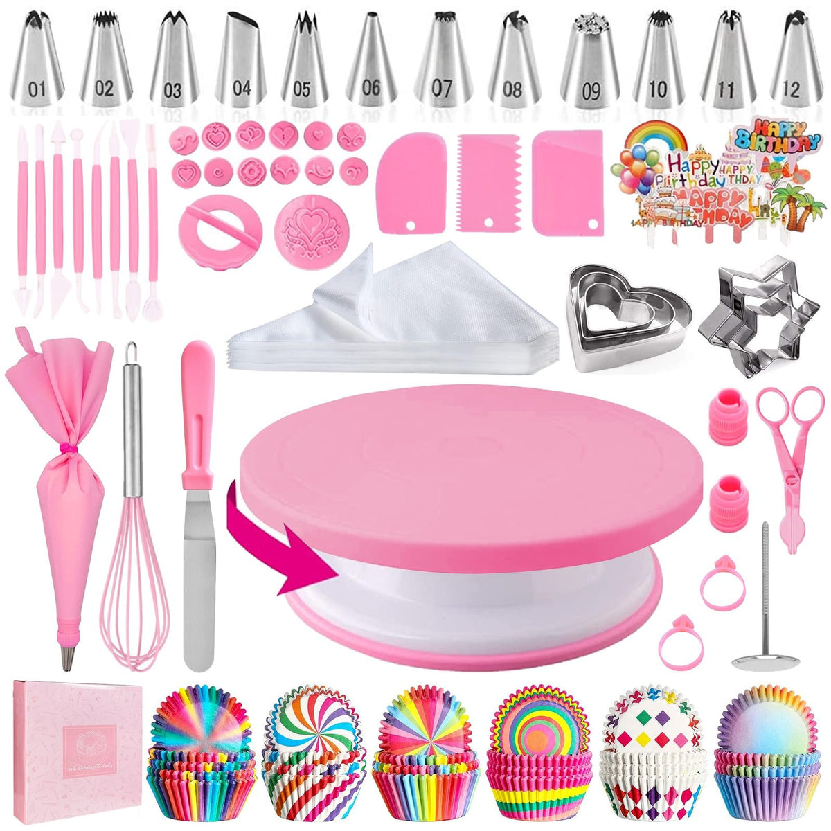AKHMLEF cake decorating kit box showing all tools for quick setup.
